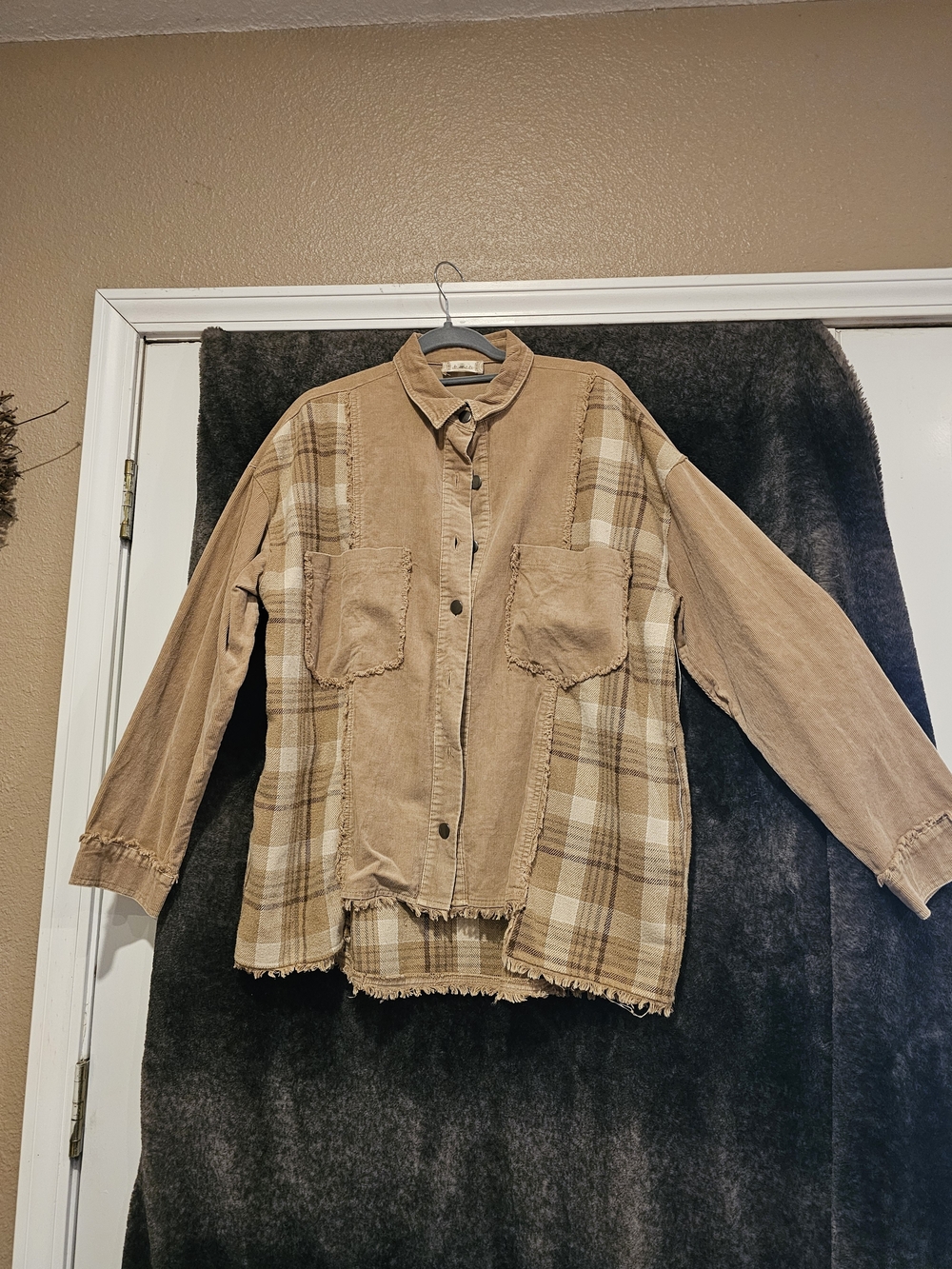 Altar'd State Tan Mixed-Media Plaid Corduroy Shacket